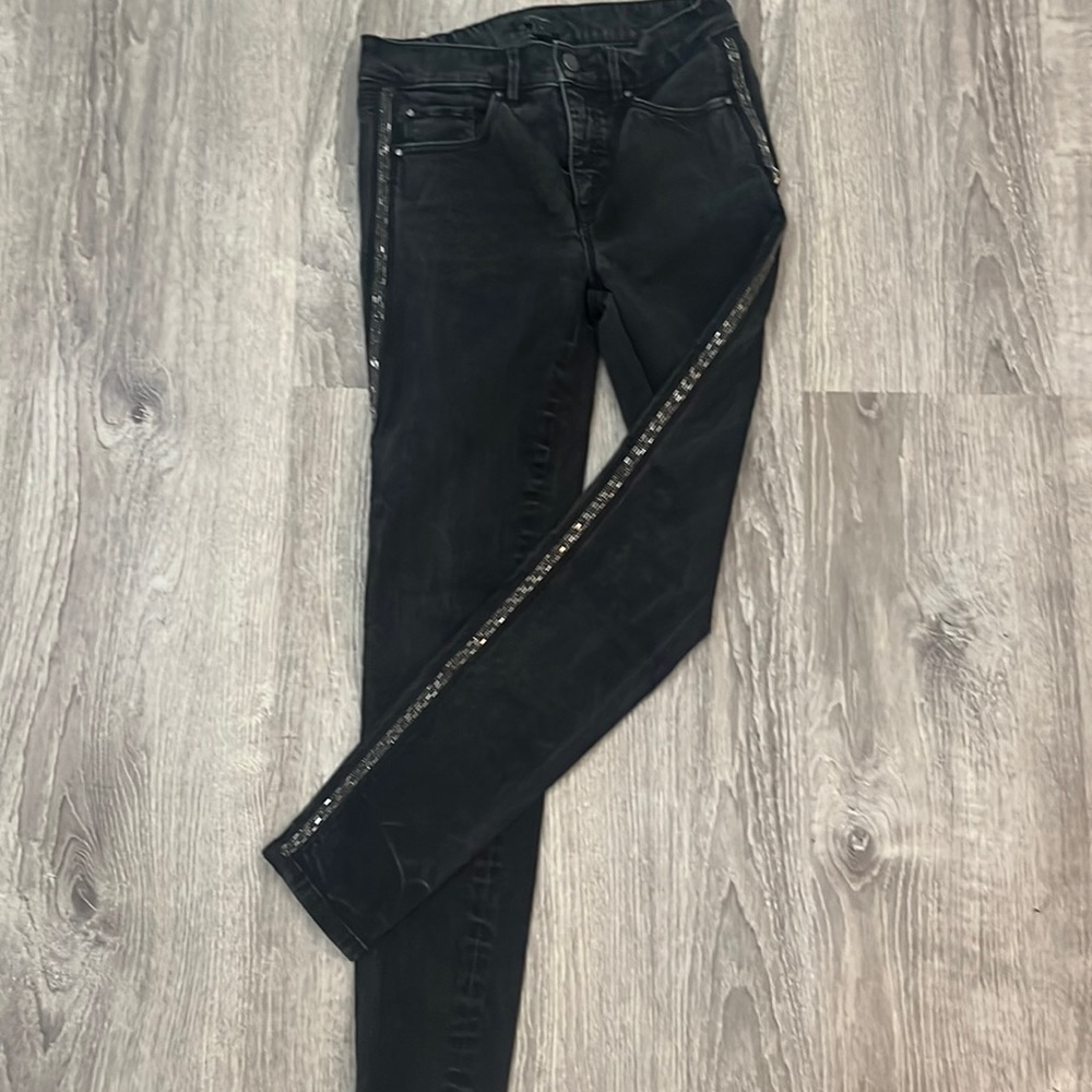 Ann Taylor stretchy black jeans with front zipper